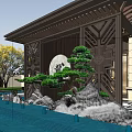 Traditional Chinese Architectural Gateway With Symmetrical Design Circular Ornament Water Feature And Greenery