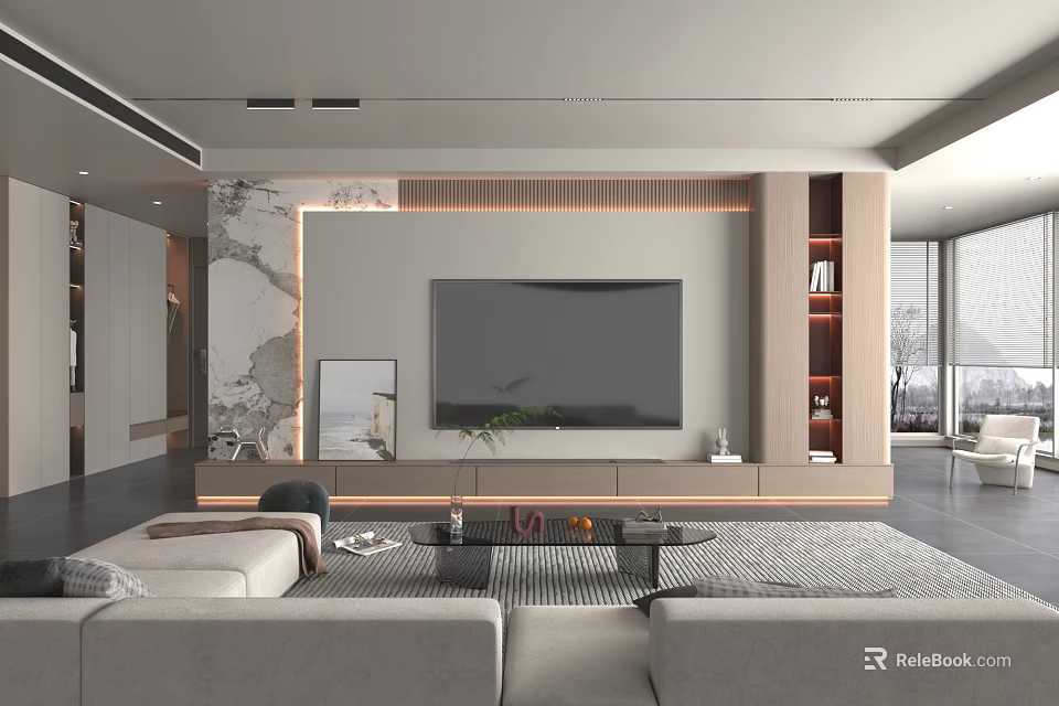 Modern Living Dining Room Interior Design With Marble TV Wall Bookshelves And Sofa 3d model 