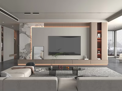 Modern Living Dining Room Interior Design With Marble TV Wall Bookshelves And Sofa 3d model