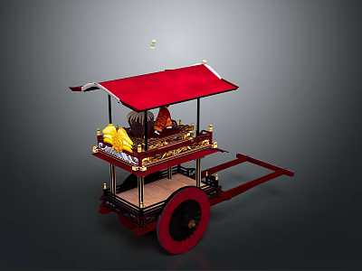 Traditional Decorative Cart With Red Canopy Golden Ornaments Red Wheels And Wooden Structure 3d model