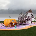 Park Landscape Featuring Children's Playground Pumpkin Structure Castle Tower Colorful Circular Ground And Green Lawn