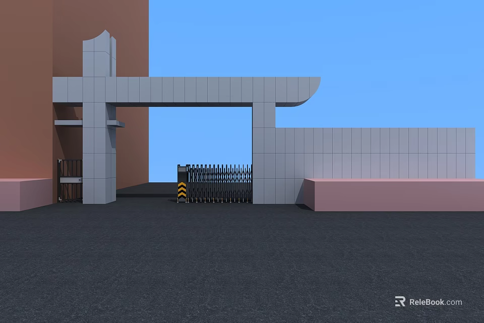 Modern Entrance Gate Structure With Gray Walls Brown Pink Accents And Black Iron Gate 3d model 