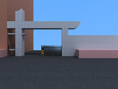 Modern Entrance Gate Structure With Gray Walls Brown Pink Accents And Black Iron Gate 3d model