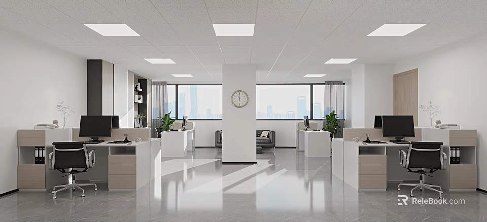 Open Public Office Space With Workstations Computers Plants And City View Windows 3d model