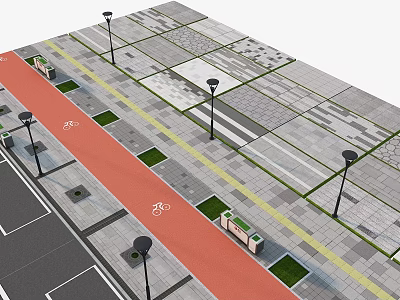 Plaza Paving Design With Various Patterned Stone Tiles Bike Lane Green Strips And Street Lamps 3d model