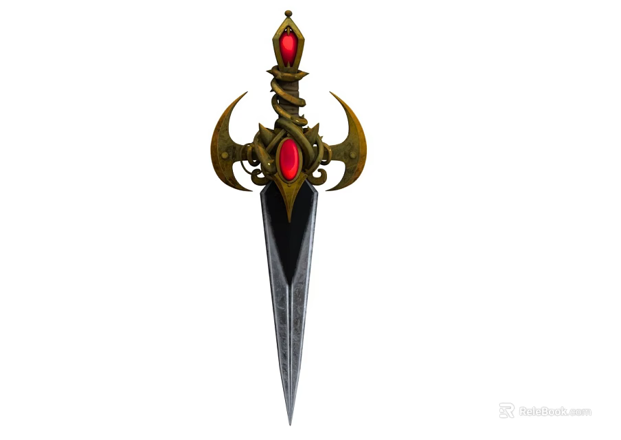 Ornate Decorative Dagger with Golden Curved Accents Red Gemstones Black Hilt and Silver Blade 3d model 