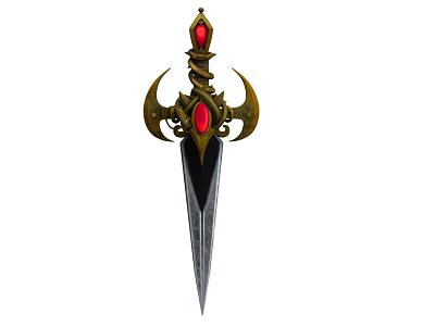 Ornate Decorative Dagger with Golden Curved Accents Red Gemstones Black Hilt and Silver Blade 3d model