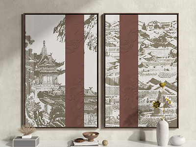 New Chinese Architecture Painting Hanging Picture Combination model