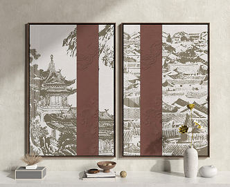 New Chinese Architecture Painting Hanging Picture Combination 3d model