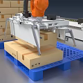 Automated Industrial Robotic Arm Handling Wooden Boxes On Conveyor Belt System