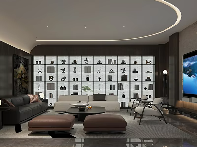 Modern Luxury Lounge Interior Design With Sofa Coffee Table Bookshelf And TV 3d model