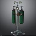 Green Gas Cylinder Setup With Metal Stand Pressure Gauges Hose And Mask