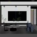 Modern Living and Dining Room Interior With Sofa Coffee Table Pendant Light And Bookshelves