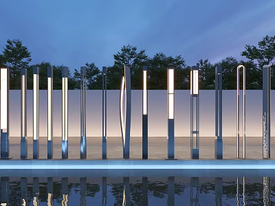 Modern Outdoor Lights Pillar Design With Lighting Effect Near Water Surface And Trees 3d model