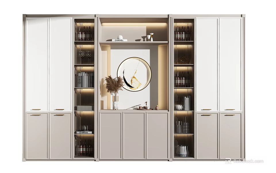 Modern Wine Cabinet Design With Glass Doors Open Shelves And Decorative Mirror 3d model 