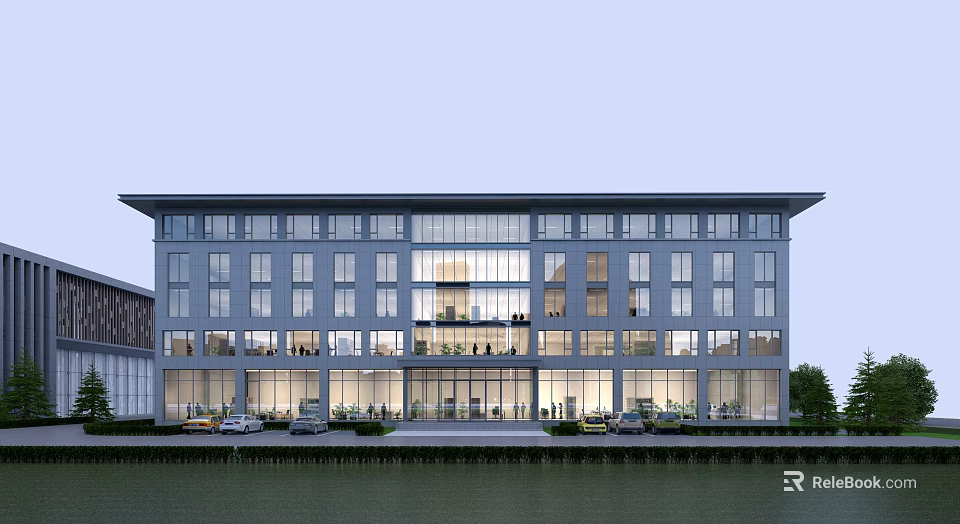 Modern Multi Storey Office Building With Glass Facade Waterfront Greenery And Parked Cars 3d model 