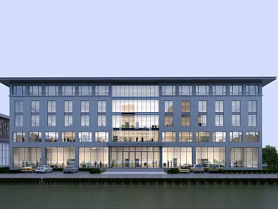 Modern Multi Storey Office Building With Glass Facade Waterfront Greenery And Parked Cars 3d model