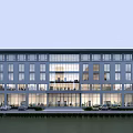 Modern Multi Storey Office Building With Glass Facade Waterfront Greenery And Parked Cars