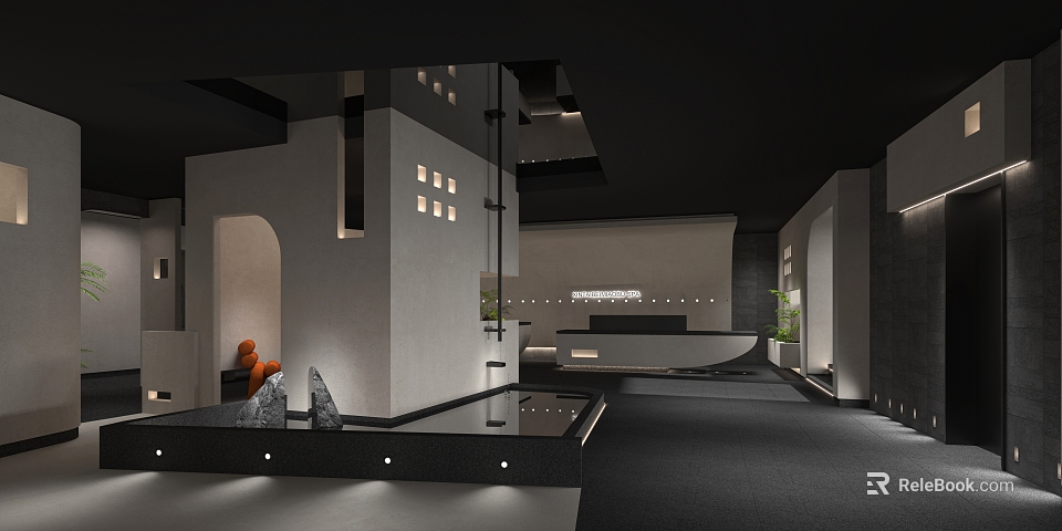 Modern SPA Sauna Interior With Minimalist Design And Water Features 3d model 