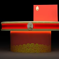 Elegant Red Display Cabinets With Golden Accents On Black Background
