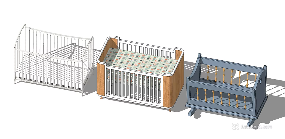 Baby Cribs Three Different Styles with Wooden Frame White Blue Design and Colorful Mattress 3d model 