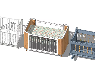 Baby Cribs Three Different Styles with Wooden Frame White Blue Design and Colorful Mattress 3d model