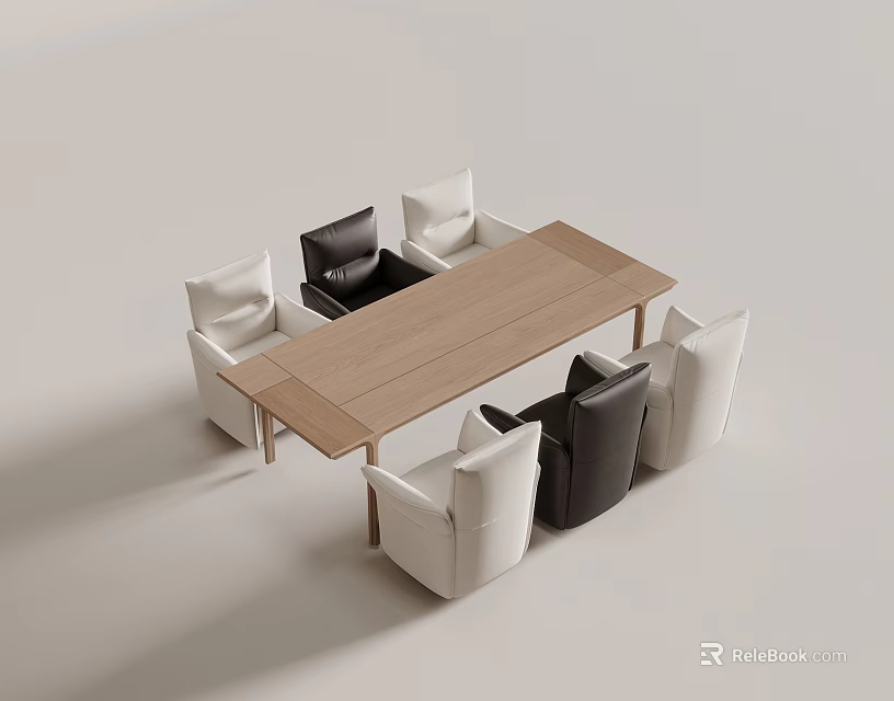 Modern Rectangular Light Wooden Dining Table Set with Six Chairs Two Black Four White 3d model 