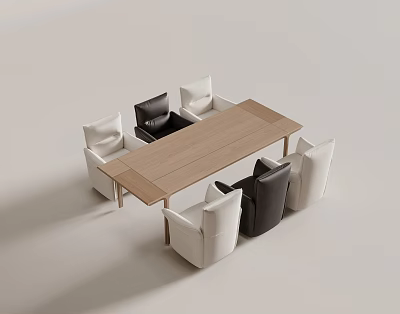Modern Rectangular Light Wooden Dining Table Set with Six Chairs Two Black Four White 3d model