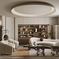 Modern Living Room With Beige Curved Sofa Round Coffee Table Bookshelf Wall And Green Plants