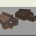 Two European Style Architecture Buildings With Wooden Structure Sloped Roof And Windows