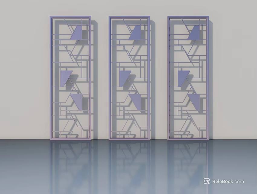 Three Modern Hinged Doors Featuring Geometric Patterns And Purple Frame Design 3d model