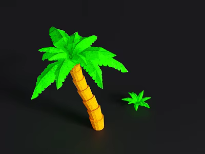 Green Leaf Palm Tree With Yellow Trunk And Small Sapling On Black Background 3d model