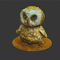 Yellow And White Owl Plush Toy With Big Eyes And Red Feet On Wooden Base