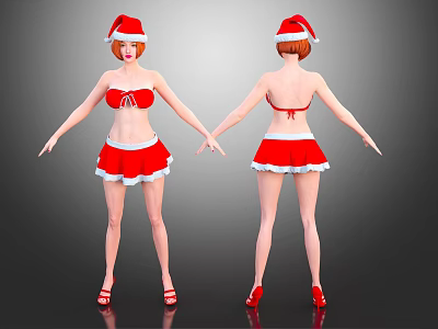 Woman In Santa Costume With Strapless Top White Skirt High Heels Front Back View 3d model