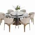 Modern Round Dining Table Set With Marble Top And Six Light Colored Woven Chairs 3d model