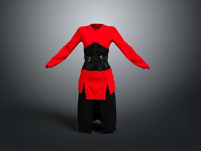 Elegant Red Black Long Sleeve Outfit With Black Belt Fashion Design 3d model