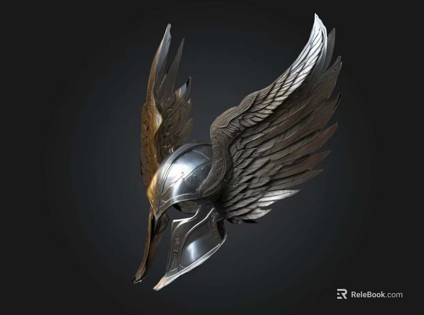 Silver And Gold Metal Helmet With Decorative Wings And Intricate Design 3d model 