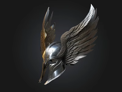 Silver And Gold Metal Helmet With Decorative Wings And Intricate Design 3d model