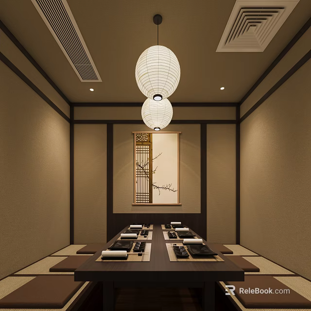 Japanese Style Private Dining Room With Paper Lanterns And Decorative Painting 3d model 