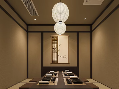 Japanese Style Private Dining Room With Paper Lanterns And Decorative Painting 3d model