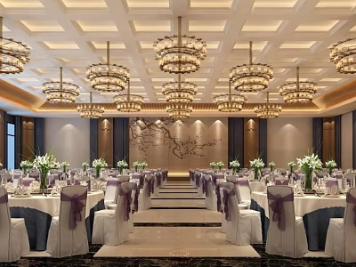 Luxurious Banquet Hall Interior With Crystal Chandeliers Purple Sashed Chairs Flower Centerpieces And Decorative Wall 3d model