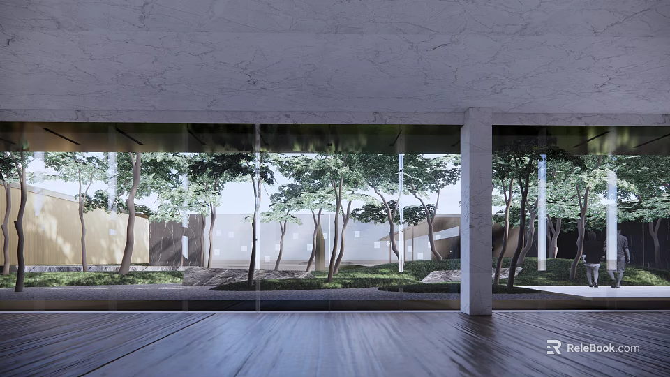 Modern Garden Landscape View Through Glass Windows With Trees Green Grass And Wooden Floor 3d model 