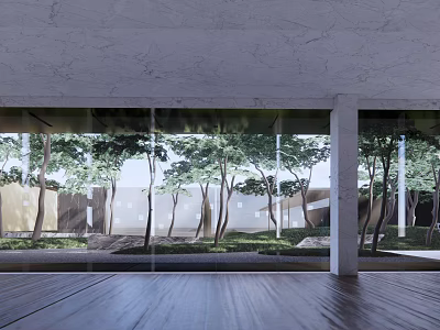 Modern Garden Landscape View Through Glass Windows With Trees Green Grass And Wooden Floor 3d model