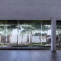 Modern Garden Landscape View Through Glass Windows With Trees Green Grass And Wooden Floor