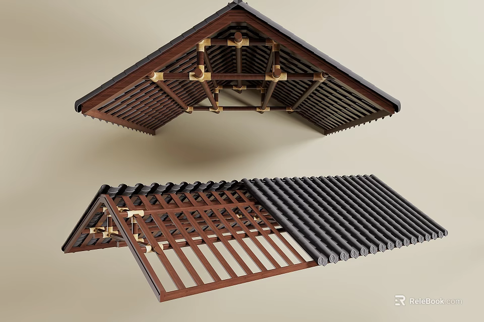 Wooden Ceiling Design With Lattice Structure Brass Connectors And Tile Roof 3d model 