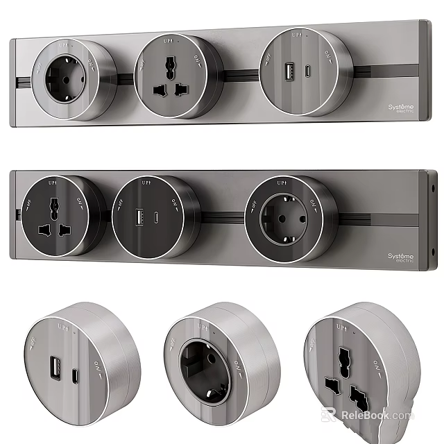 Modern Electrical Switch Panel with Multiple Outlets USB Ports and Sleek Metallic Design 3d model 