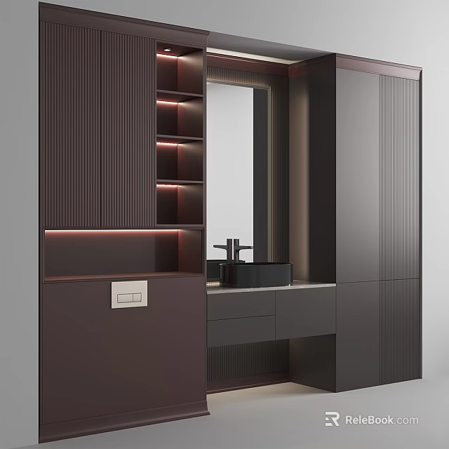 Sleek Modern Bathroom Vanity With Black Washbasin Mirror LED Lighting And Wooden Cabinets 3d model 