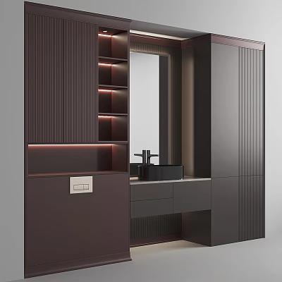 Sleek Modern Bathroom Vanity With Black Washbasin Mirror LED Lighting And Wooden Cabinets 3d model