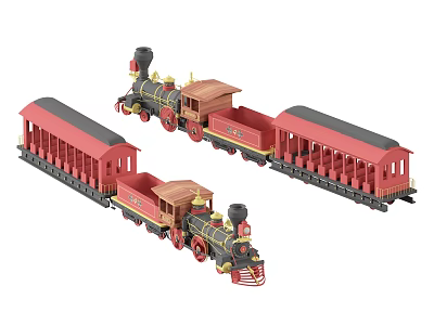 Electric Toy Train Set With Vintage Locomotive Red Black Carriages For Kids 3d model