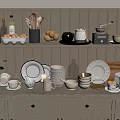 Stylish Kitchen Dinnerware Set with Plates Bowls Cups and Utensils on Shelves and Countertop